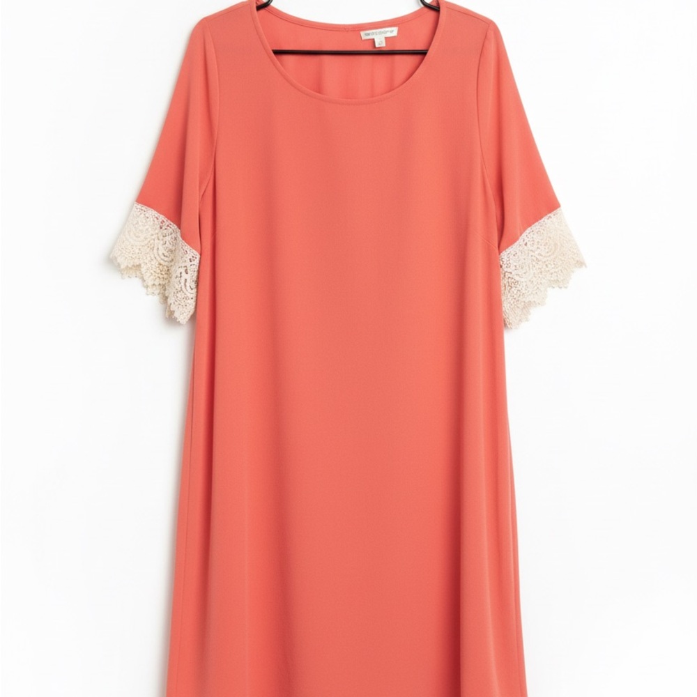Orange Creek Coral Midi Dress with Lace Trim